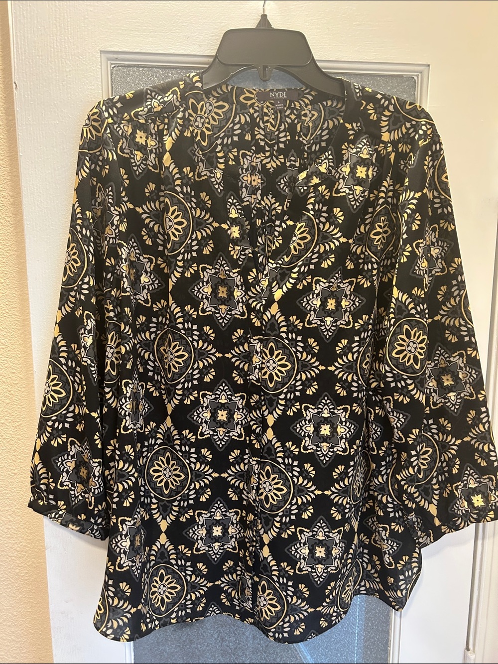 NYDJ Black Top with Gold Medallion Print